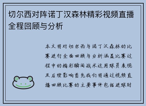 切尔西对阵诺丁汉森林精彩视频直播全程回顾与分析